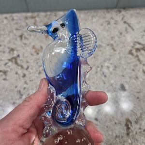Vintage Art Glass Seahorse Blue Clear Controlled Bubble Base Paperweight
